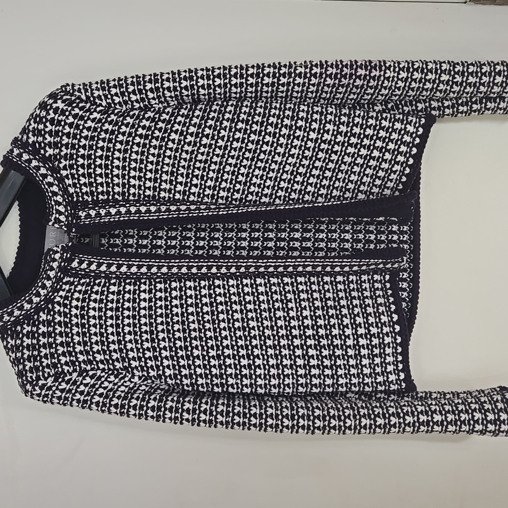 PURE Collection Chunky Hand Knit Navy| White Open Cardigan Sweater US size 4